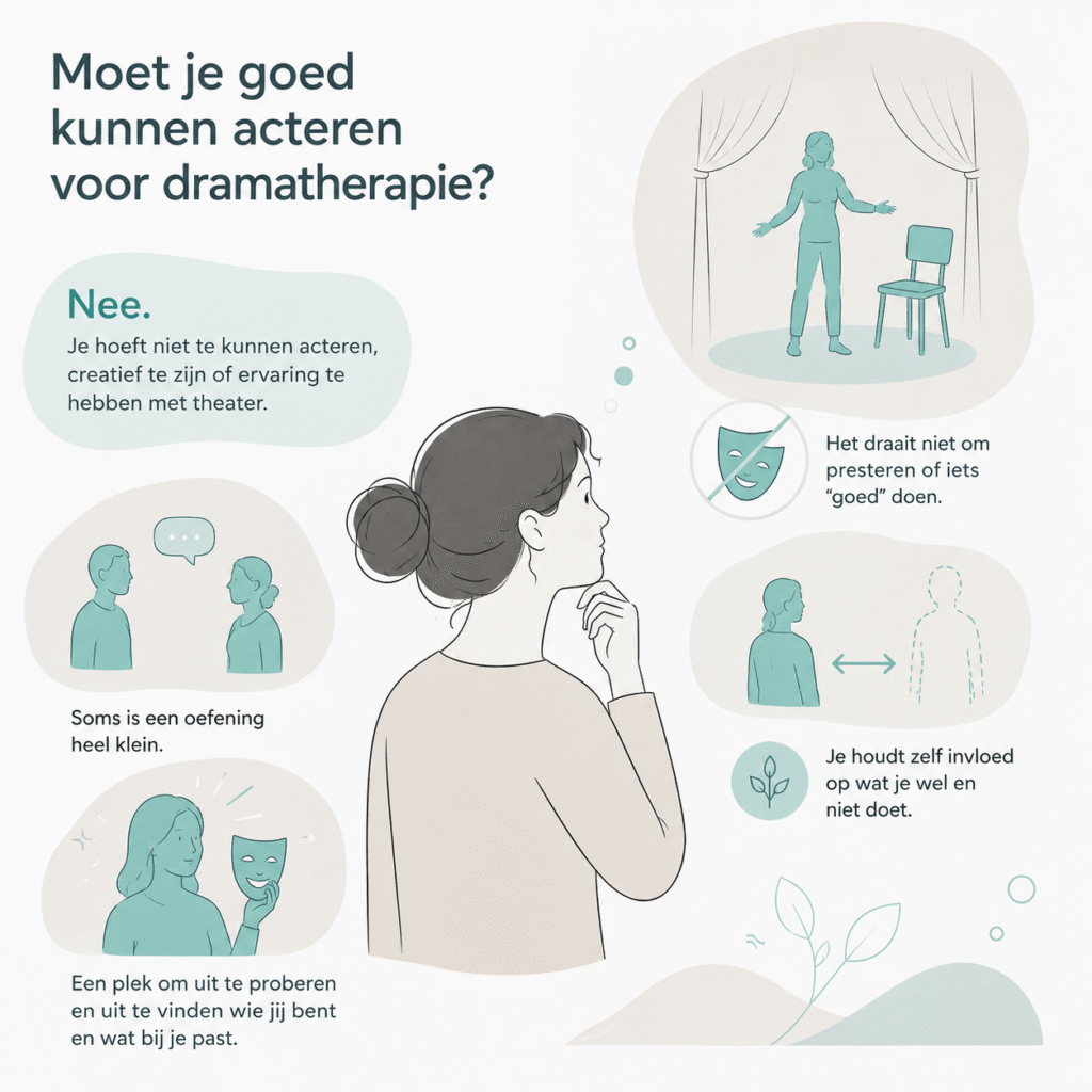 Illustratie die uitlegt dat je voor dramatherapie niet hoeft te kunnen acteren. Dramatherapie draait om jezelf onderzoeken en ervaren, niet om presteren.