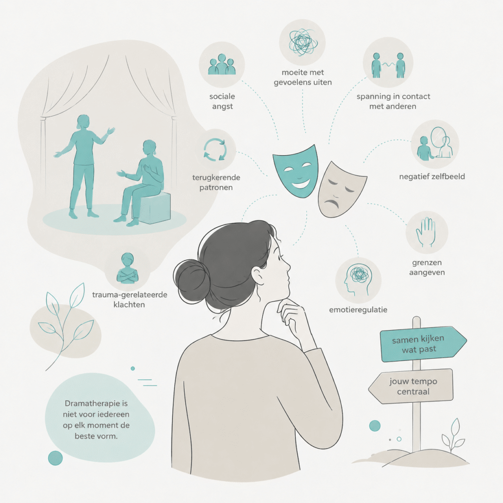 Dramatherapie voor volwassenen: illustratie met thema’s zoals emotieregulatie, sociale angst, grenzen aangeven, negatief zelfbeeld en trauma-gerelateerde klachten.