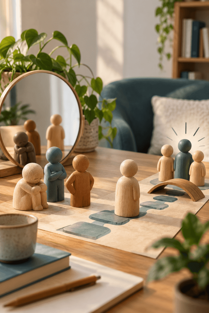 Illustratie van het behandelproces bij schematherapie, van het herkennen van patronen naar het oefenen met nieuwe reacties